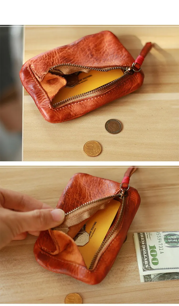 Vintage Slim Brown Leather Mens Coin Wallet Zipper Coin Holder Change Pouch For Men