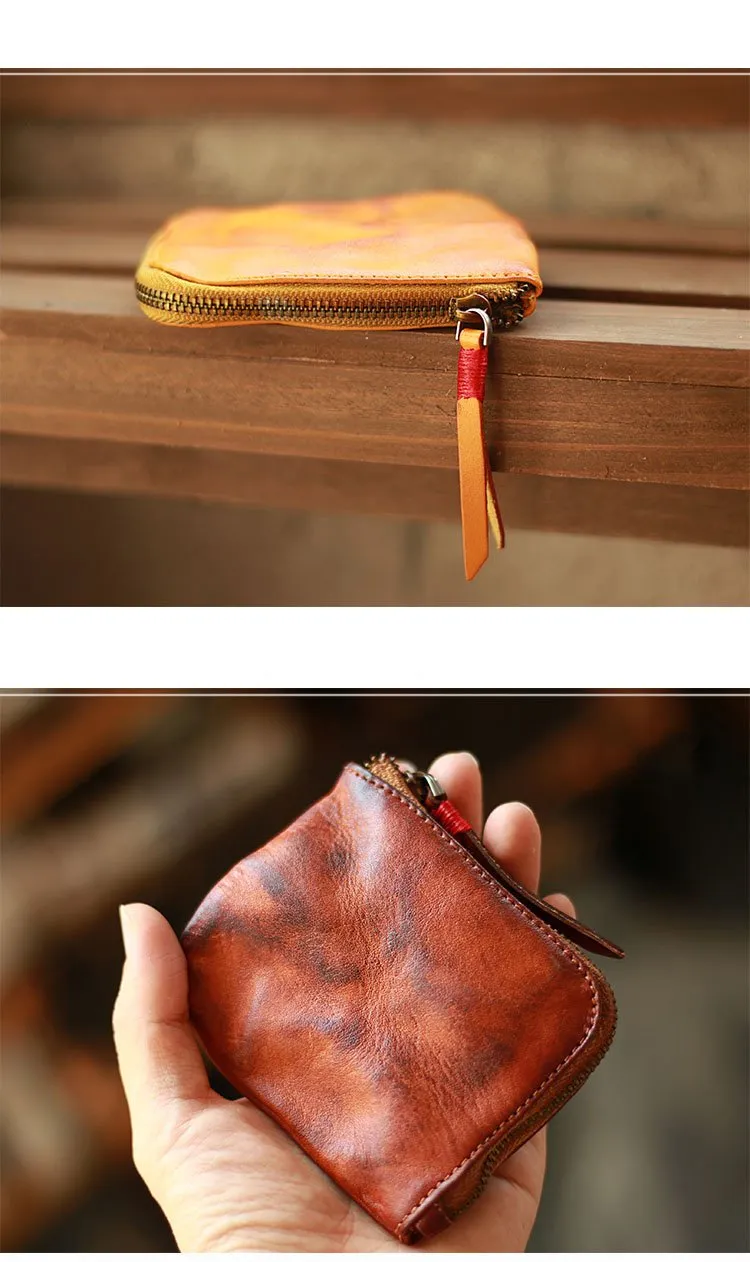 Vintage Slim Brown Leather Mens Coin Wallet Zipper Coin Holder Change Pouch For Men
