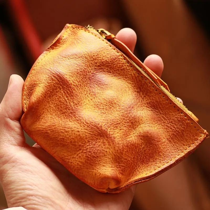Vintage Slim Brown Leather Mens Coin Wallet Zipper Coin Holder Change Pouch For Men