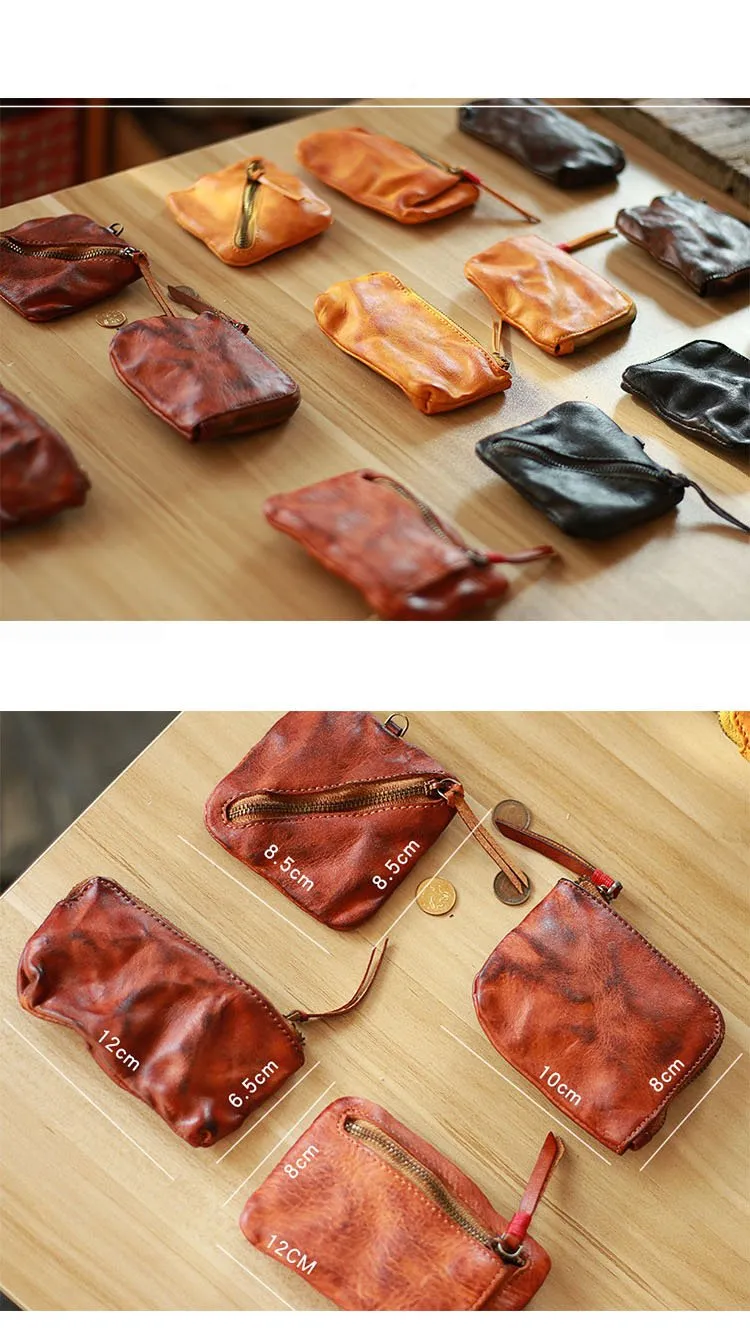 Vintage Slim Brown Leather Mens Coin Wallet Zipper Coin Holder Change Pouch For Men