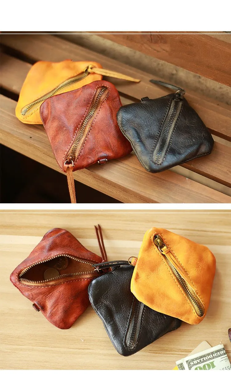 Vintage Slim Brown Leather Mens Coin Wallet Zipper Coin Holder Change Pouch For Men