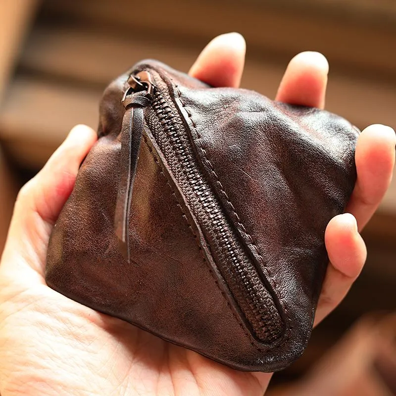 Vintage Slim Brown Leather Mens Coin Wallet Zipper Coin Holder Change Pouch For Men