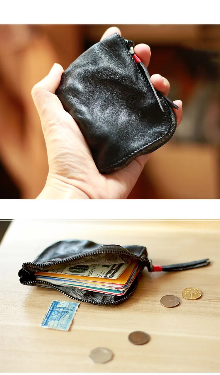 Vintage Slim Brown Leather Mens Coin Wallet Zipper Coin Holder Change Pouch For Men