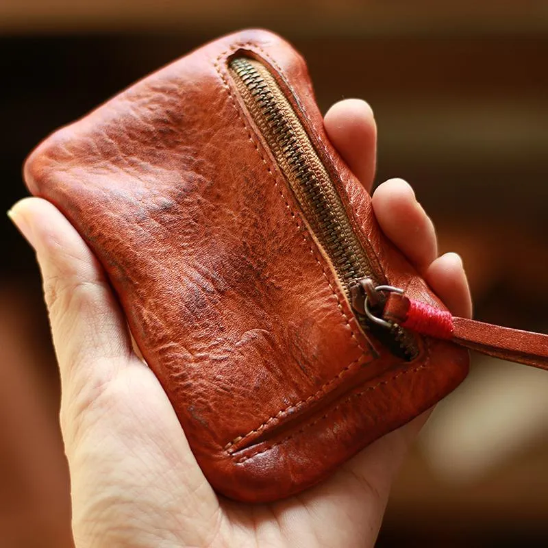 Vintage Slim Brown Leather Mens Coin Wallet Zipper Coin Holder Change Pouch For Men