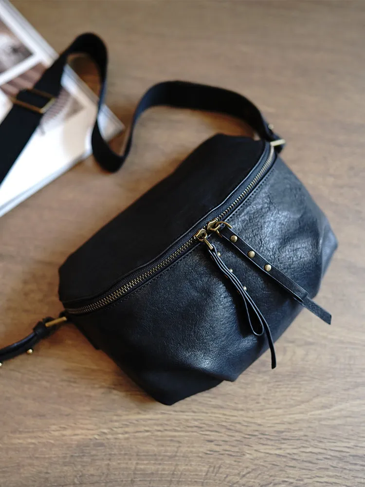 Vintage Womens Black Leather Saddle Shoulder Bag Crossbody Bag for Women