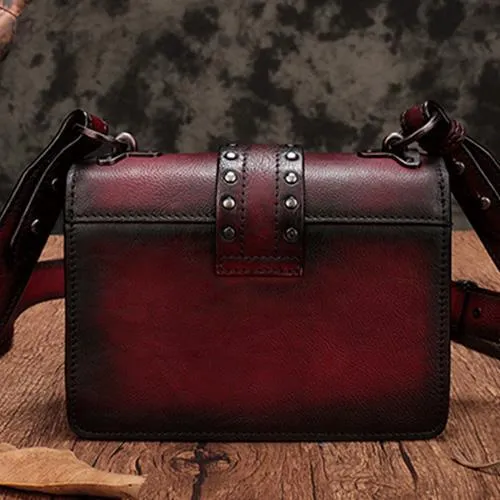 Vintage Womens Rivet Red Leather Small Side Bags Purse Shoulder Crossbody Bags for Ladies