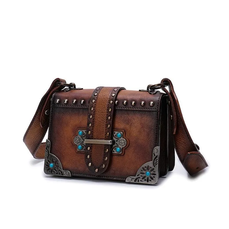 Vintage Womens Rivet Red Leather Small Side Bags Purse Shoulder Crossbody Bags for Ladies