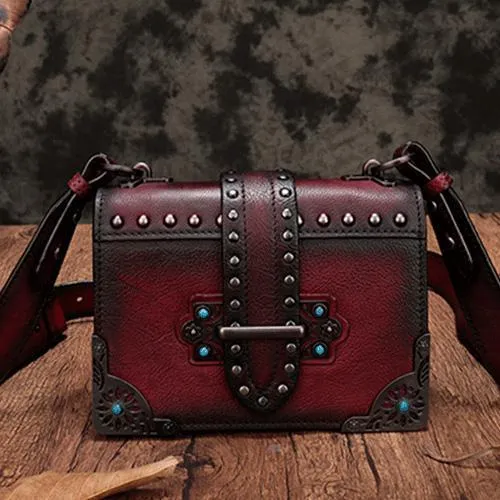 Vintage Womens Rivet Red Leather Small Side Bags Purse Shoulder Crossbody Bags for Ladies