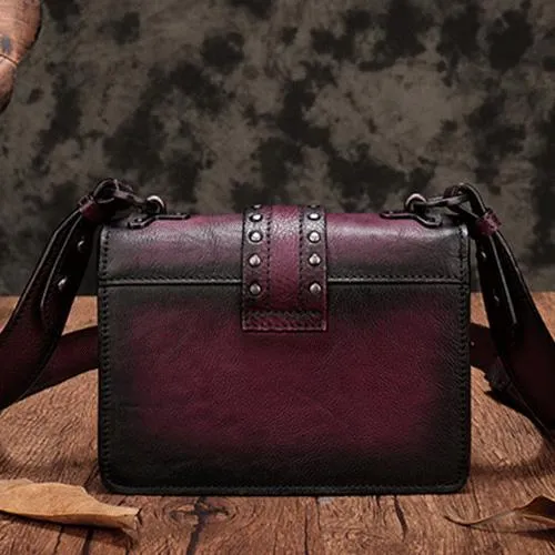 Vintage Womens Rivet Red Leather Small Side Bags Purse Shoulder Crossbody Bags for Ladies