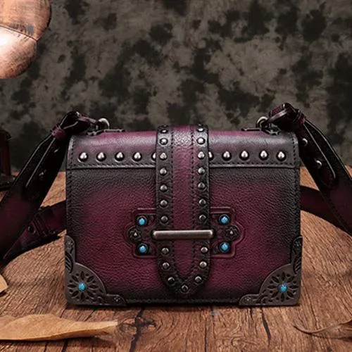 Vintage Womens Rivet Red Leather Small Side Bags Purse Shoulder Crossbody Bags for Ladies