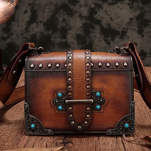 Vintage Womens Rivet Red Leather Small Side Bags Purse Shoulder Crossbody Bags for Ladies