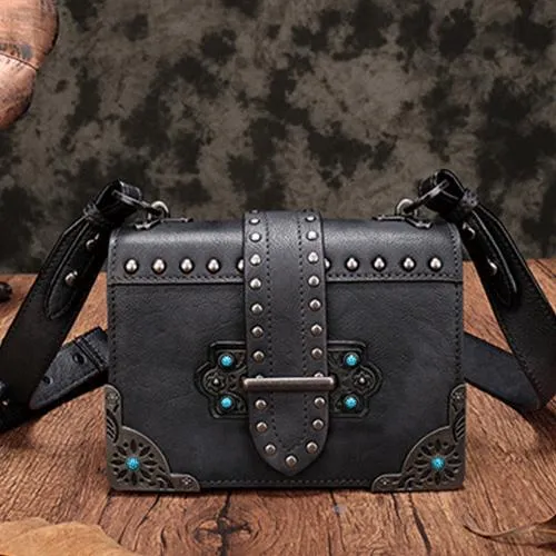 Vintage Womens Rivet Red Leather Small Side Bags Purse Shoulder Crossbody Bags for Ladies