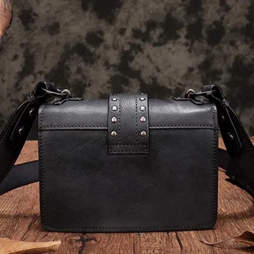 Vintage Womens Rivet Red Leather Small Side Bags Purse Shoulder Crossbody Bags for Ladies