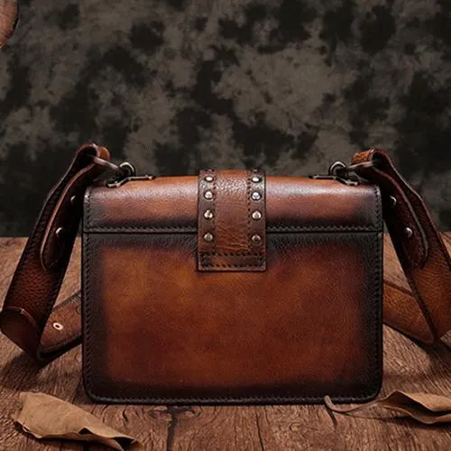 Vintage Womens Rivet Red Leather Small Side Bags Purse Shoulder Crossbody Bags for Ladies
