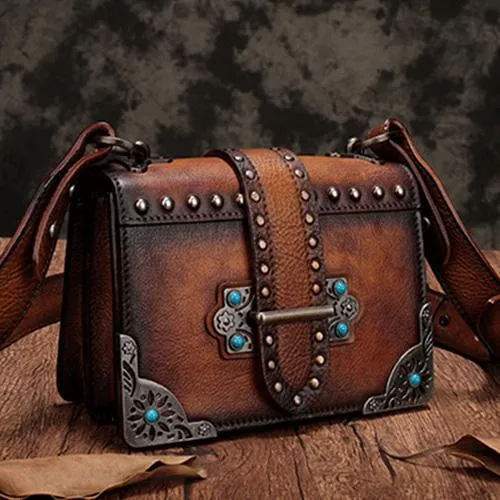 Vintage Womens Rivet Red Leather Small Side Bags Purse Shoulder Crossbody Bags for Ladies