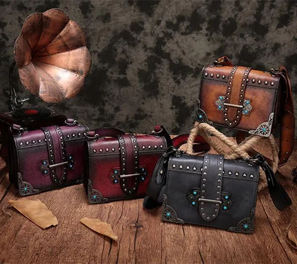 Vintage Womens Rivet Red Leather Small Side Bags Purse Shoulder Crossbody Bags for Ladies