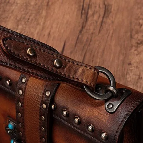 Vintage Womens Rivet Red Leather Small Side Bags Purse Shoulder Crossbody Bags for Ladies