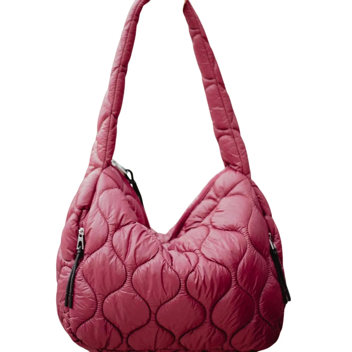 Wave Quilted Puffy Puffer Hobo Tote Bag In Maroon