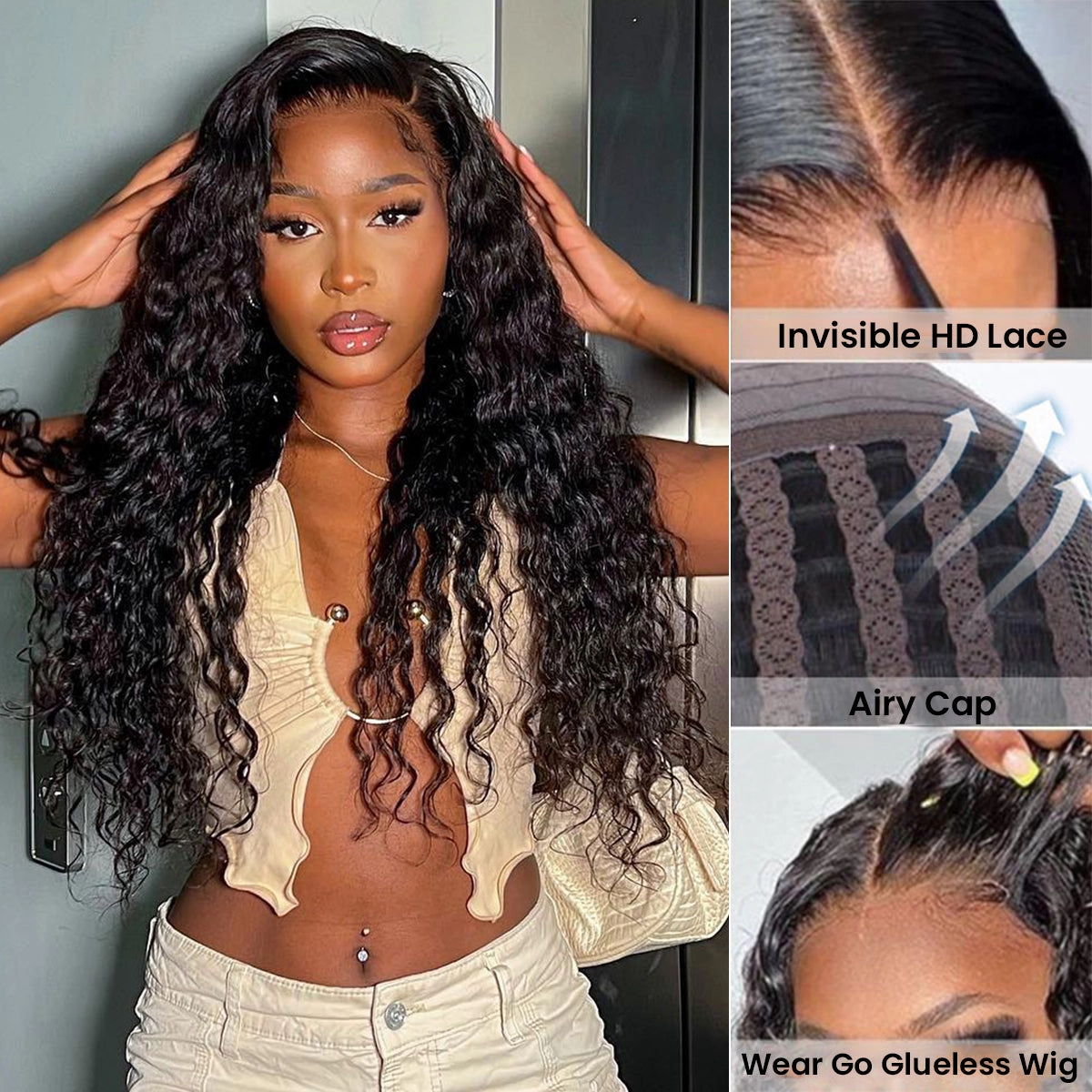 Wear & Go Breathable Air Cap Deep Wave Pre Bleached Lace Frontal Wigs Human Hair