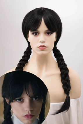 Wednesdays Cosplay Wig Black Wig with Bangs Silky Long Straight Gothic Wig Maeve