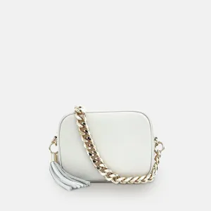 White Leather Crossbody Bag With Gold Chain Strap
