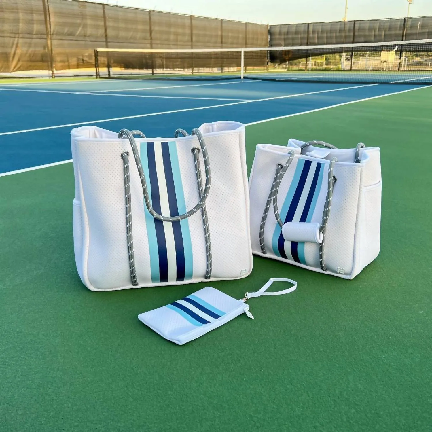 Women Courtside Large Tote Bag In White With Silver And Blue Stripes