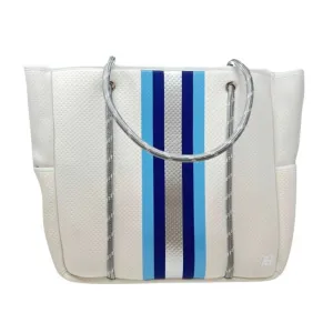 Women Courtside Large Tote Bag In White With Silver And Blue Stripes