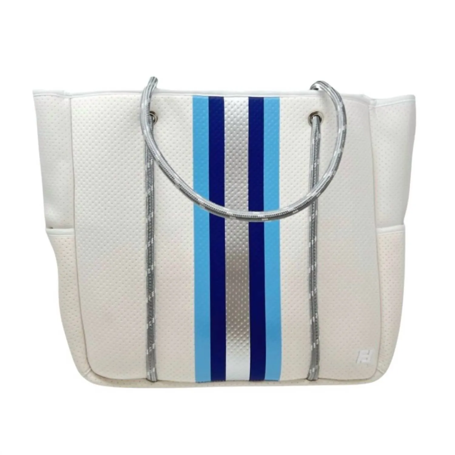 Women Courtside Large Tote Bag In White With Silver And Blue Stripes