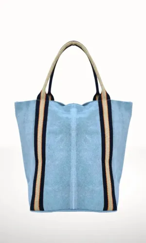 Women Suede And Stripe Tote Bag In Light Blue
