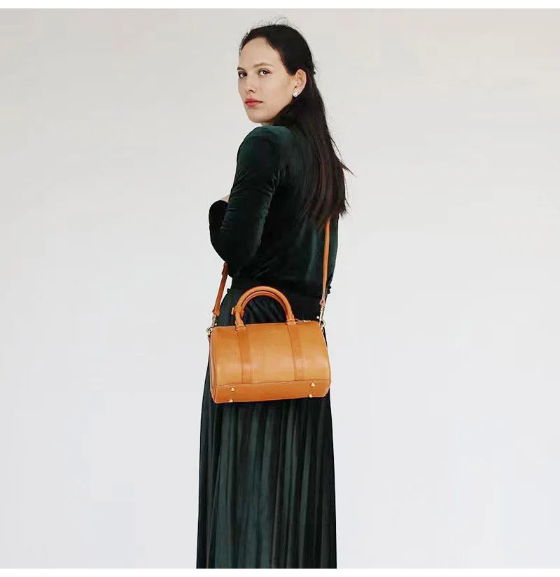 Womens Brown Leather Boston Handbag Vintage Boston Crossbody Bag Shoulder Bag for Ladies