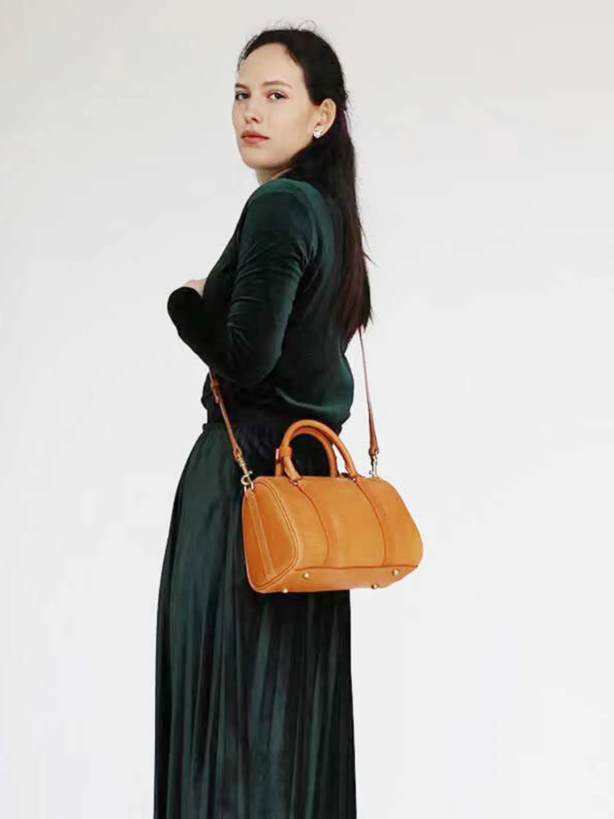 Womens Brown Leather Boston Handbag Vintage Boston Crossbody Bag Shoulder Bag for Ladies