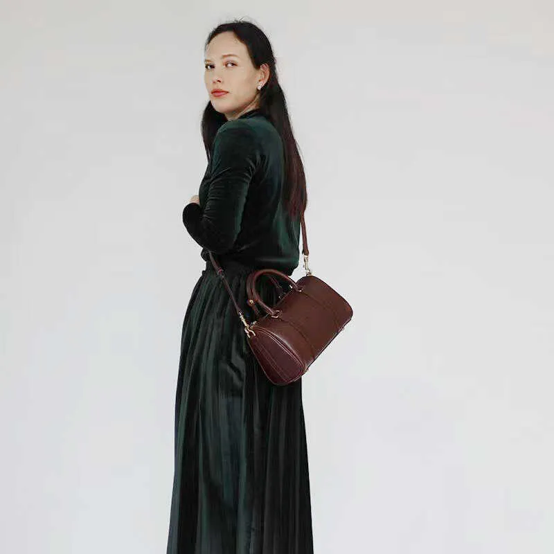 Womens Brown Leather Boston Handbag Vintage Boston Crossbody Bag Shoulder Bag for Ladies