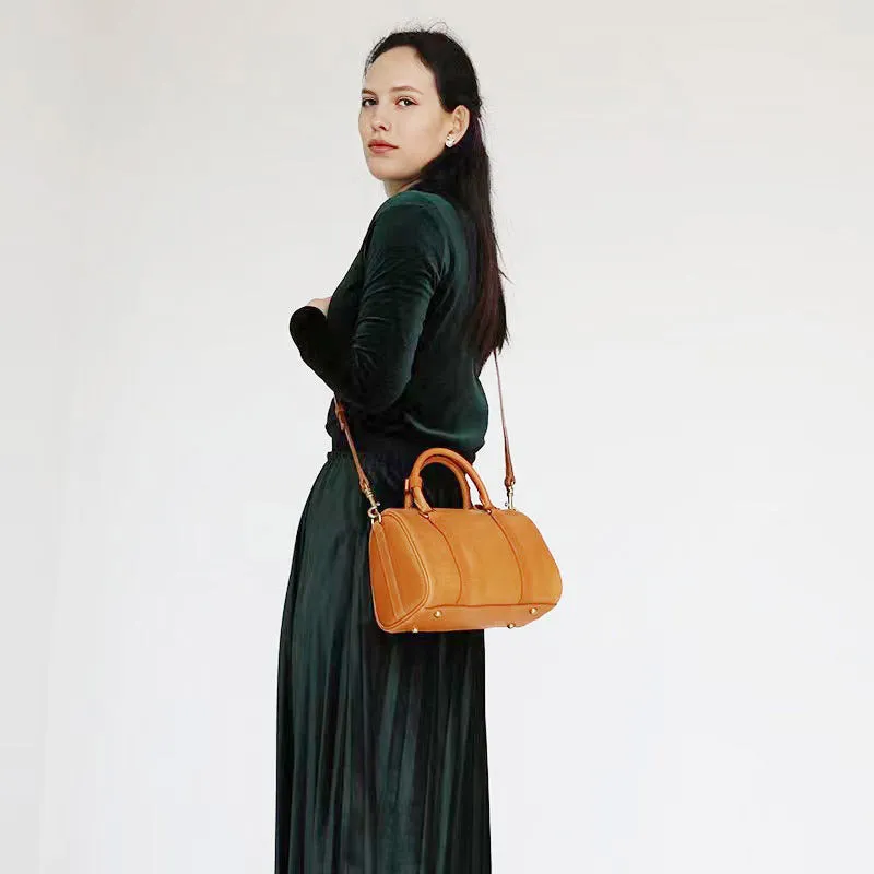 Womens Brown Leather Boston Handbag Vintage Boston Crossbody Bag Shoulder Bag for Ladies