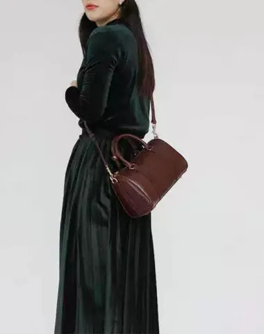 Womens Brown Leather Boston Handbag Vintage Boston Crossbody Bag Shoulder Bag for Ladies