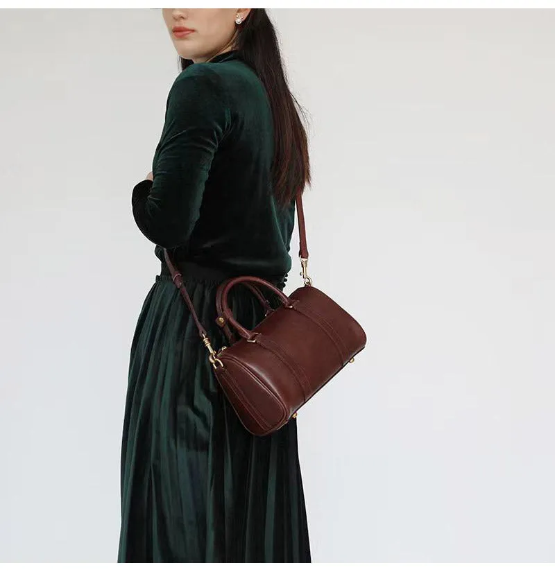 Womens Brown Leather Boston Handbag Vintage Boston Crossbody Bag Shoulder Bag for Ladies