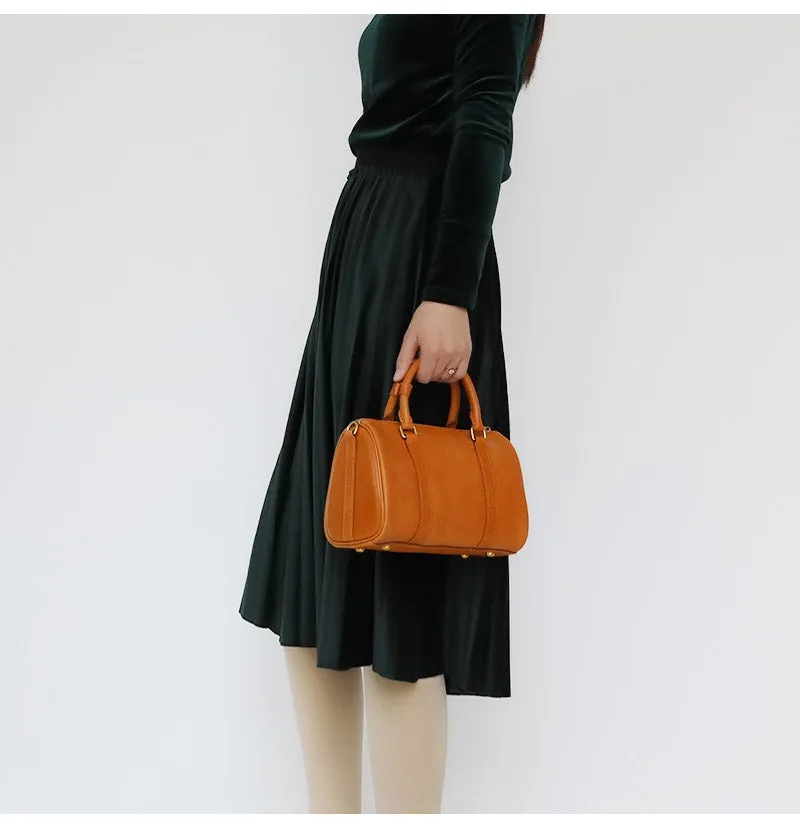 Womens Brown Leather Boston Handbag Vintage Boston Crossbody Bag Shoulder Bag for Ladies
