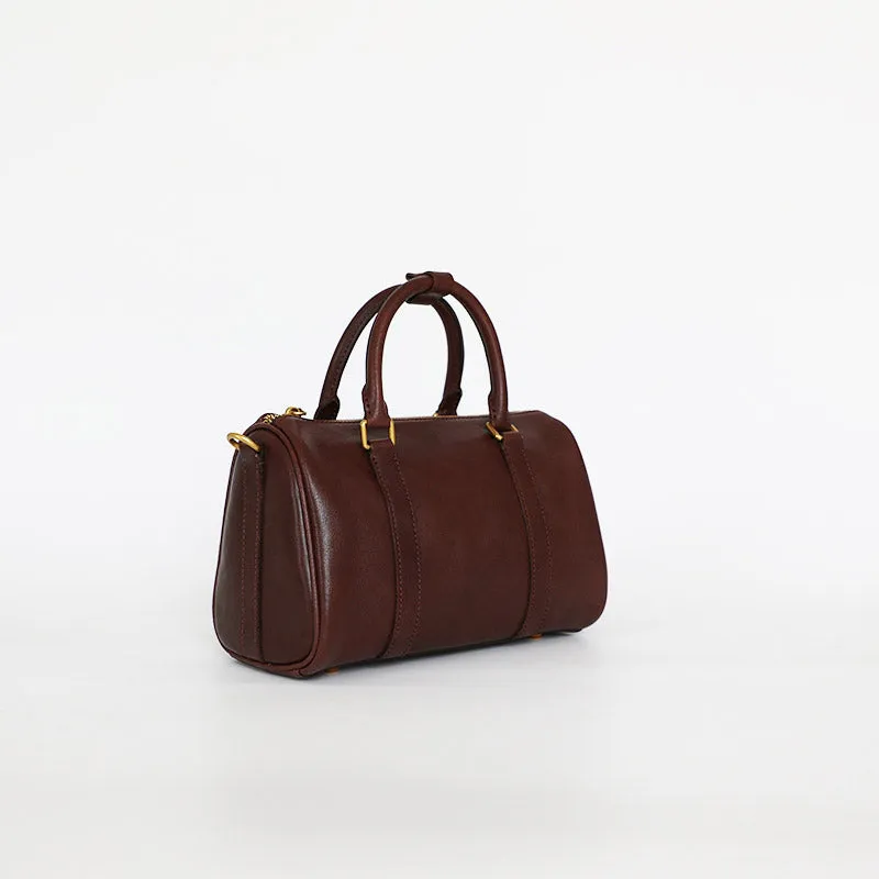 Womens Brown Leather Boston Handbag Vintage Boston Crossbody Bag Shoulder Bag for Ladies