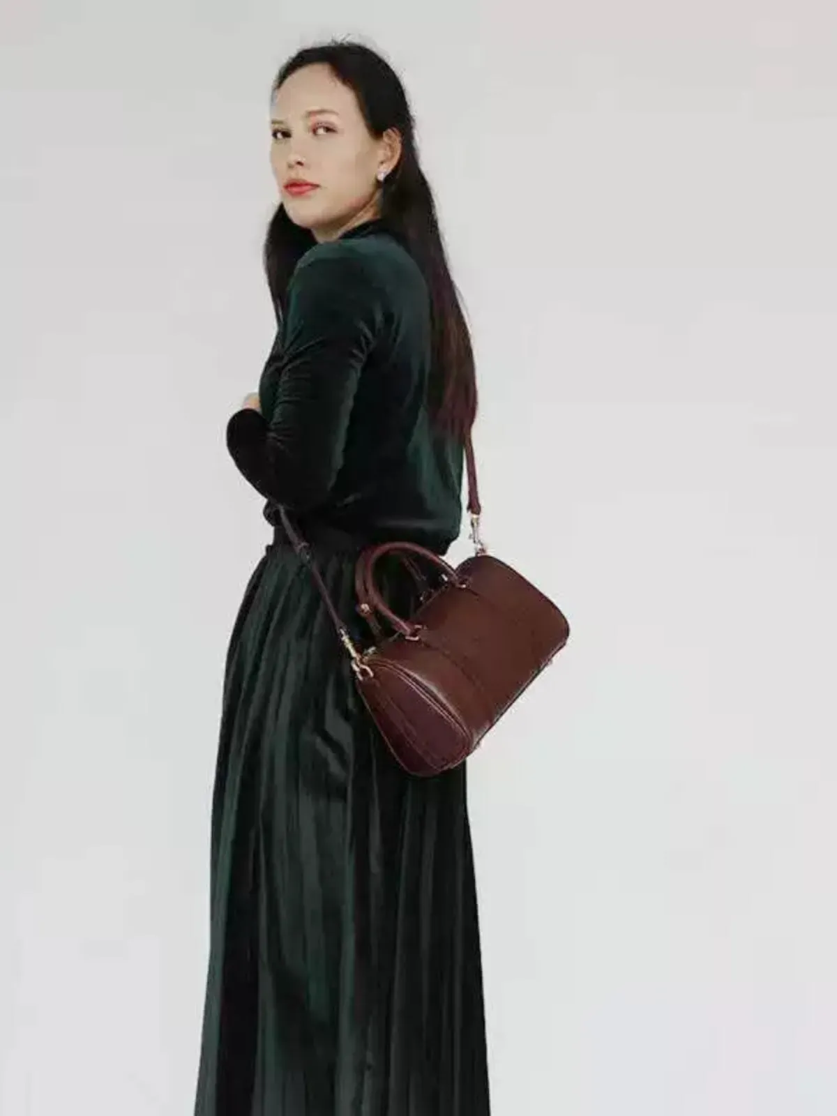 Womens Brown Leather Boston Handbag Vintage Boston Crossbody Bag Shoulder Bag for Ladies