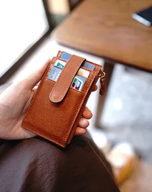Womens Brown Leather Card Holders Wallet Vertical Slim Billfold Wallet Card Holders for Ladies