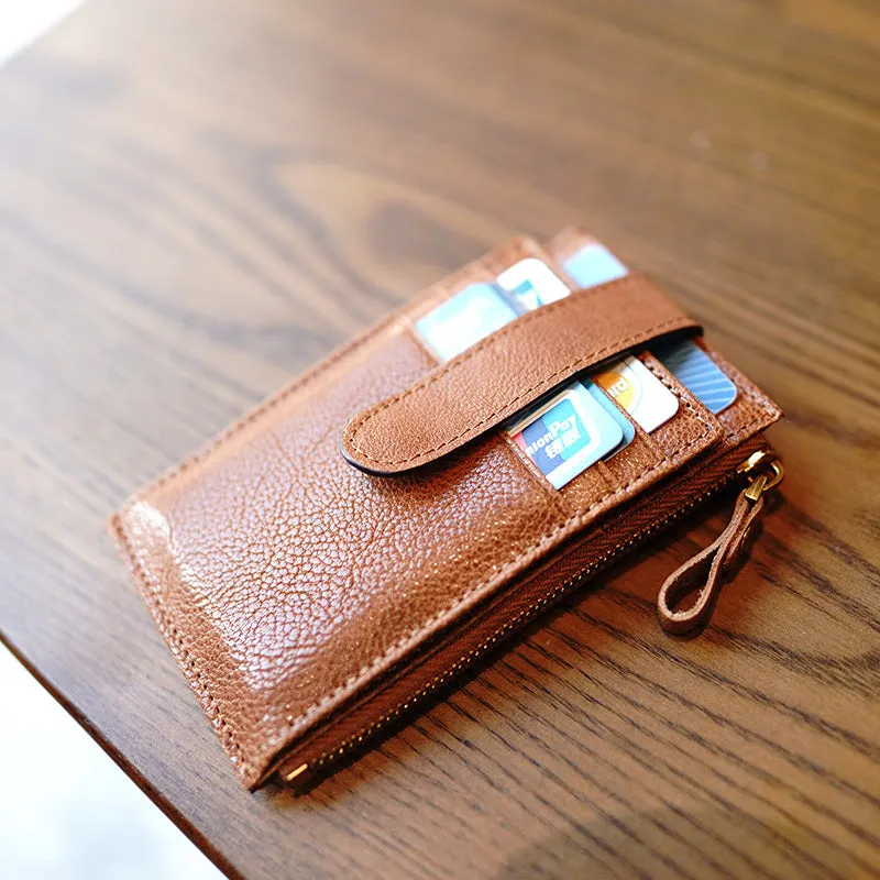 Womens Brown Leather Card Holders Wallet Vertical Slim Billfold Wallet Card Holders for Ladies