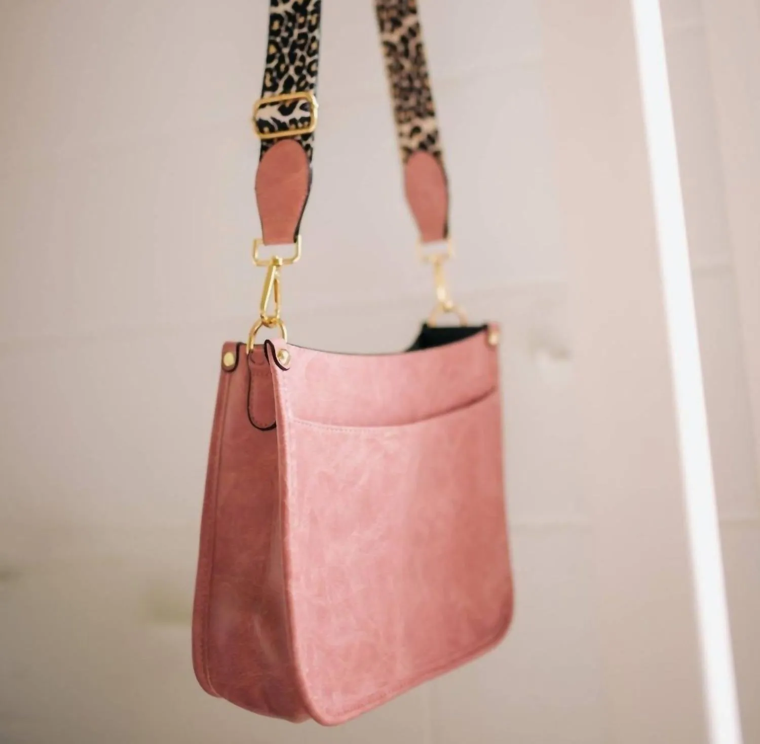 Women's Crossbody Bag With Leopard Canvas Strap In Blossom Pink
