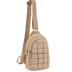 Women's Metro Muse Puffy Quilted Nylon Sling Crossbody Bag In Tan