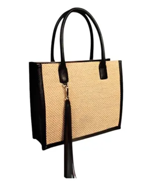 Women's Straw & Leather Small Tote Bag In Natural/black