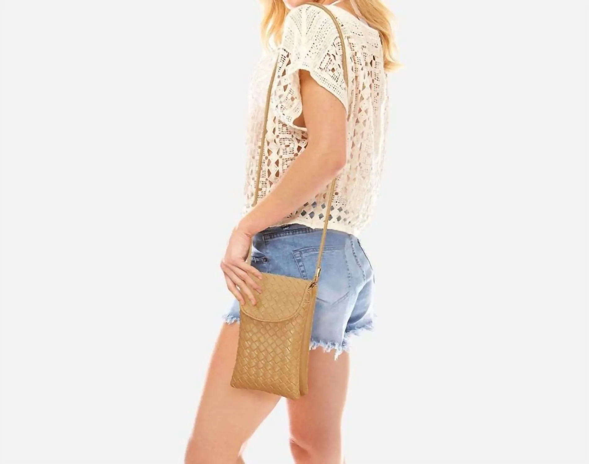 Women's Woven Crossbody Organizer Convertible Crossbody Wristlet Handbag In Tan
