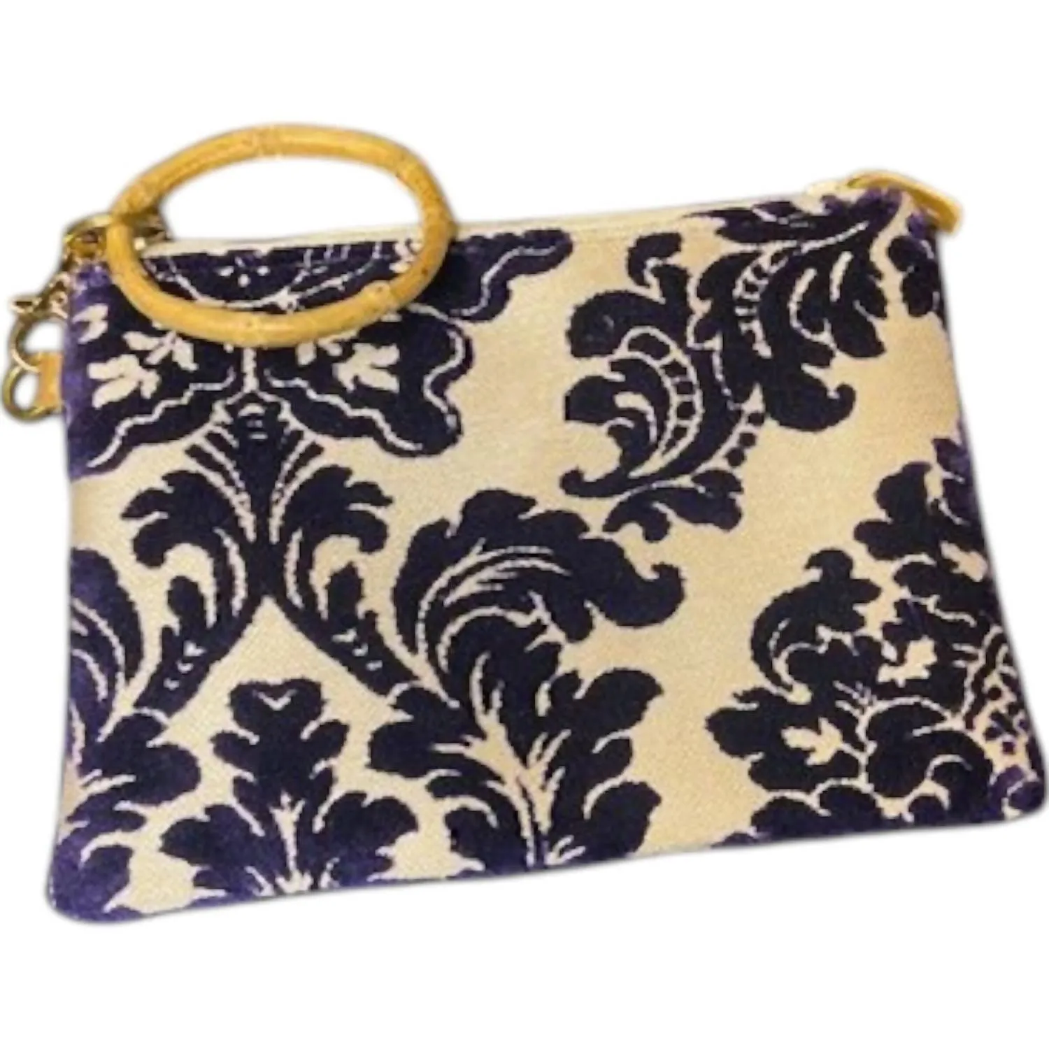 Women's Zipper Wristlet W/ Bamboo In Navy/cream