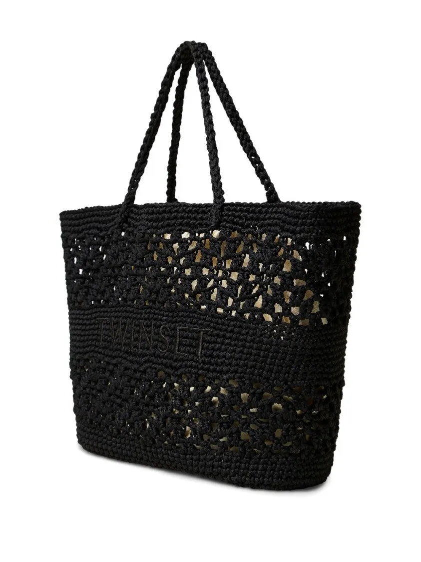 Woven Black Drawstring Bag With Embroidered Logo